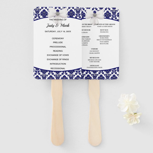 Elegant Navy Blue Damask Wedding Program Hand Fan (Front and Back)