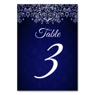 Elegant Navy Blue Damask   Winter Wedding Table Number