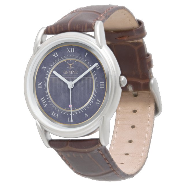 Elegant Navy Blue Dial Roman Numerals Custom Watch (Angled)