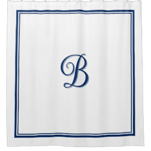 Elegant Navy Blue Double Border Script Monogram Shower Curtain
