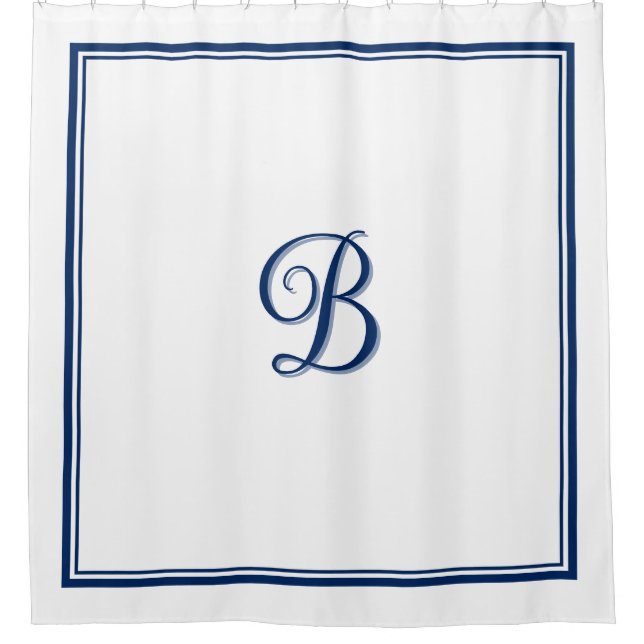 Elegant Navy Blue Double Border Script Monogram  Shower Curtain (Front)