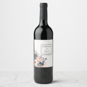 Elegant Navy Blue Dusty Rose Floral Wedding  Wine Label