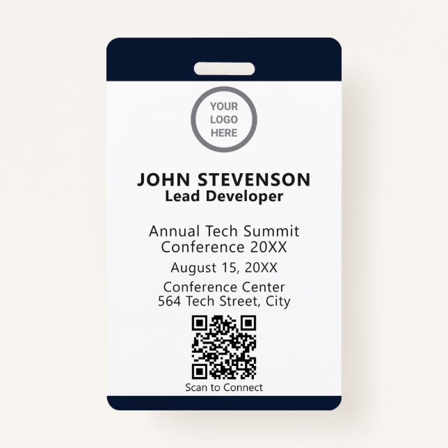 Elegant Navy Blue Employee ID Custom Logo OCR ID Badge (Front)