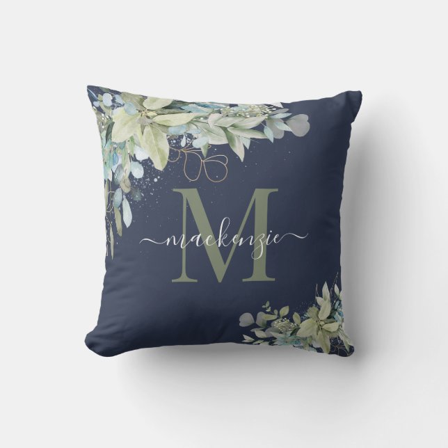 Elegant Navy Blue Eucalyptus Botanical Monogram Cushion (Front)