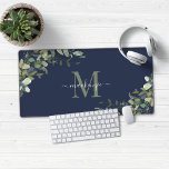Elegant Navy Blue Eucalyptus Botanical Monogram Desk Mat<br><div class="desc">Elegant Eucalyptus Botanical Monogram Desk Mat Mouse Pad featuring a navy blue background with our lovely sage eucalyptus greenery and modern typography for your monogram. Easy to customise with your information for a simply delightful charger pad. Please contact us at cedarandstring@gmail.com if you need assistance with the design or matching...</div>