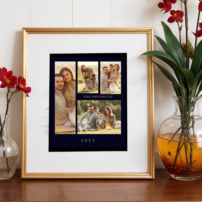 Elegant Navy Blue & Fake Classic 4 Muli Photos Photo Print (Elegant Navy Blue & Fake Gold Simple Classic 4 Multi Photos Collage Family Photo Print.)