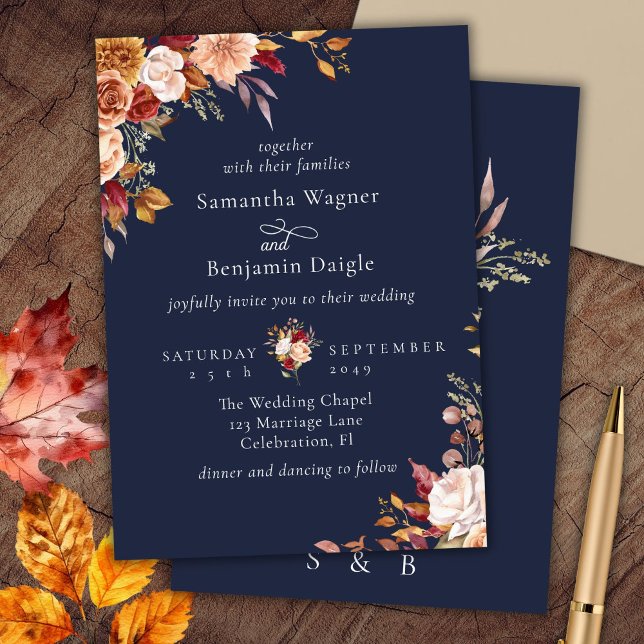 Elegant Navy Blue Fall Floral Wedding Invitation (Creator Uploaded)