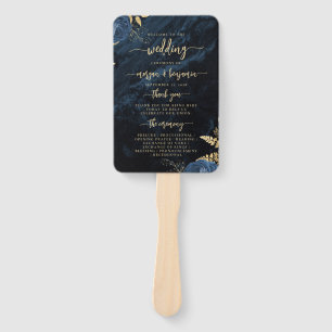 Elegant Navy Blue Floral Agate Wedding Program Hand Fan