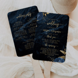 Elegant Navy Blue Floral Agate Wedding Program Hand Fan
