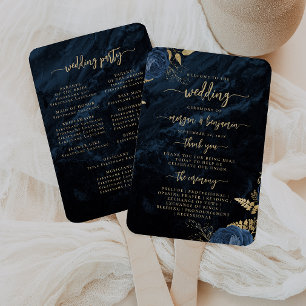 Elegant Navy Blue Floral Agate Wedding Program Hand Fan