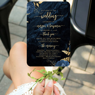 Elegant Navy Blue Floral Agate Wedding Program Hand Fan