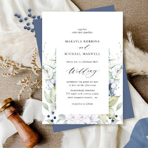 Elegant Navy Blue Floral and Greenery Wedding Inv Invitation