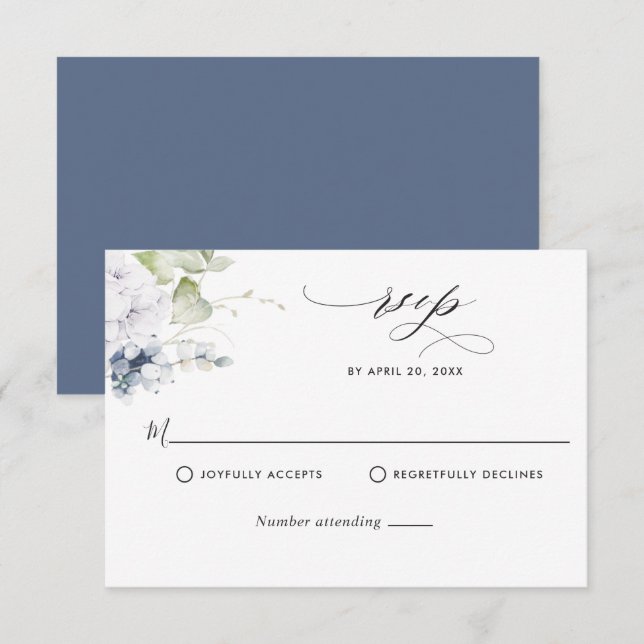 Elegant Navy Blue Floral and Greenery Wedding RSVP Card (Front/Back)