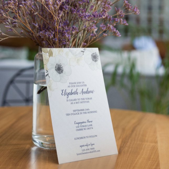 Elegant Navy Blue Floral Bat Mitzvah Invitation (Creator Uploaded)