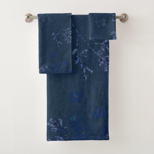 ELEGANT NAVY BLUE FLORAL BATHROOM TOWEL SET (Insitu)