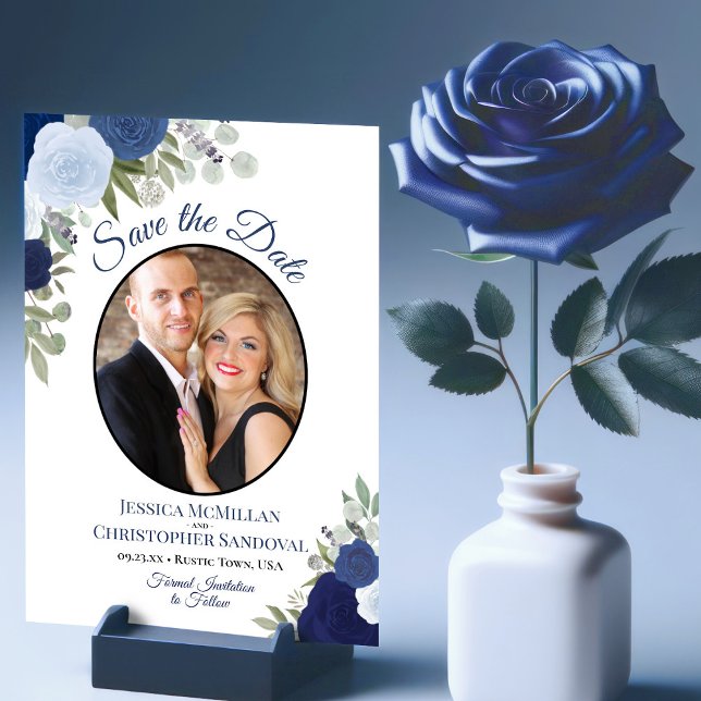 Elegant Navy Blue Floral Boho Chic Wedding Photo Save The Date (Creator Uploaded)