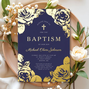 Elegant Navy Blue Floral Boy Baptism Gold