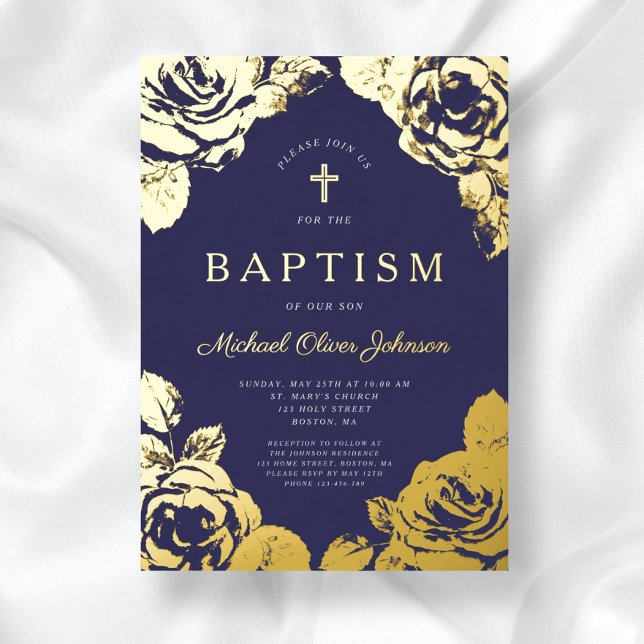 Elegant Navy Blue Floral Boy Baptism Gold (Elegant Navy Blue Gold Floral Boy Baptism Foil Invitation)
