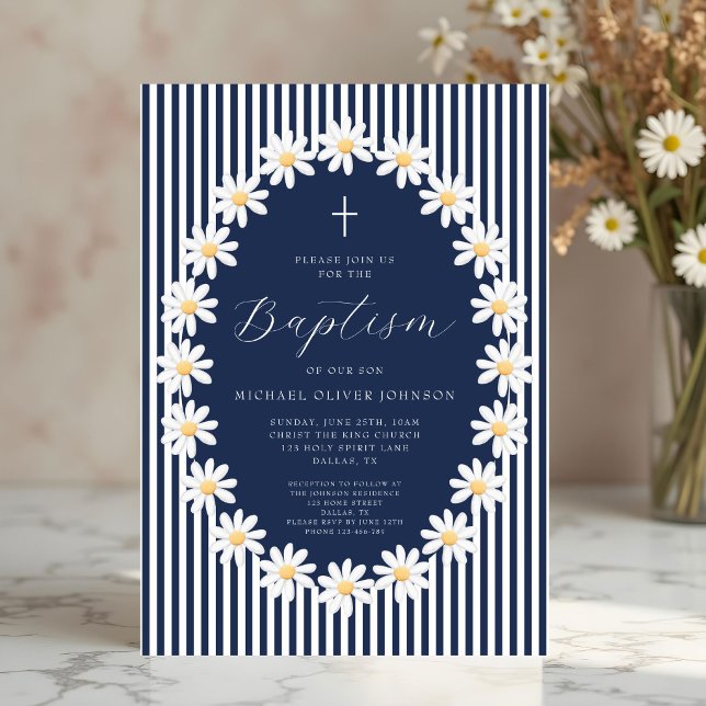 Elegant Navy Blue Floral Boy Baptism Invitation (Elegant Navy Blue Floral Boy Baptism Invitation)