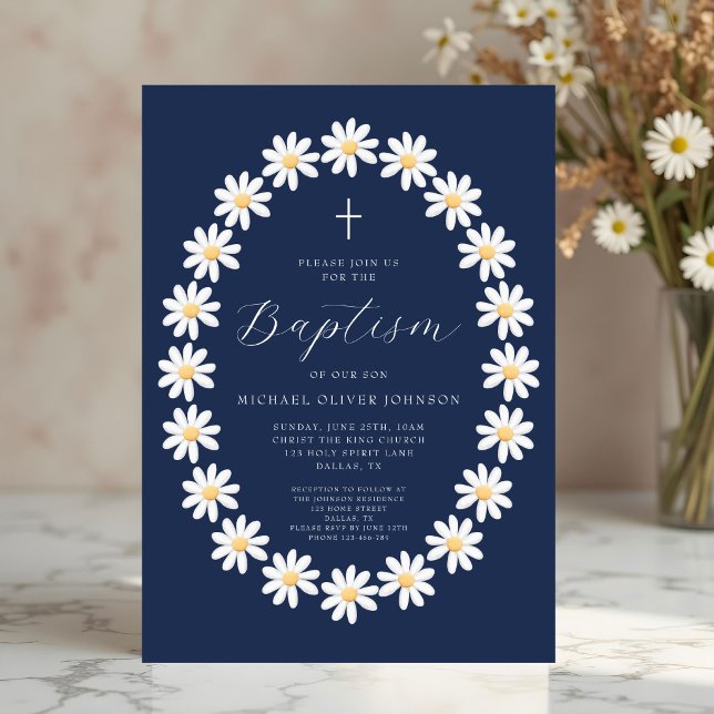 Elegant Navy Blue Floral Boy Baptism Invitation (Elegant Navy Blue Floral Boy Baptism Invitation)