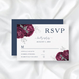 Elegant Navy Blue Floral Burgundy Roses Wedding RSVP Card