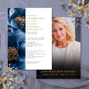 Elegant Navy Blue Floral Celebration Of Life Photo Invitation