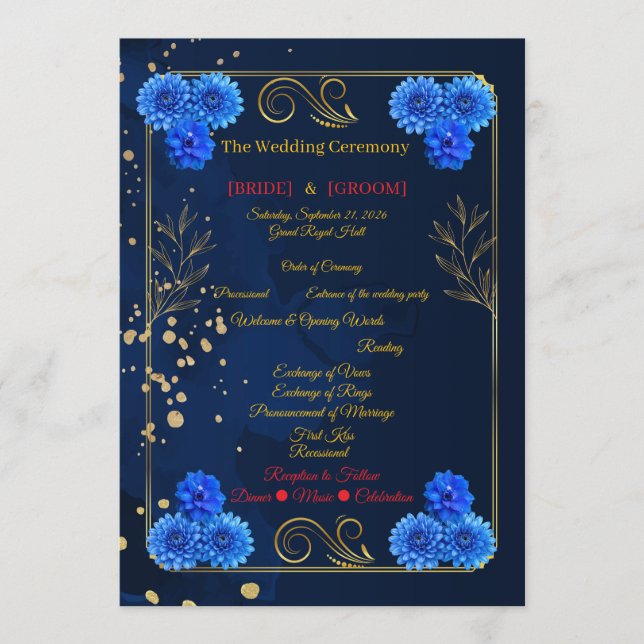 Elegant Navy Blue Floral Ceremony Program Template (Front)