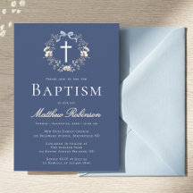 Elegant Navy Blue Floral Cross Baptism Invitation