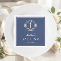 Elegant Navy Blue Floral Cross Baptism
