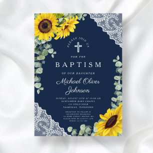 Elegant Navy Blue Floral Cross Boy Baptism Invitation