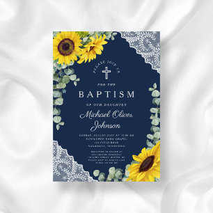 Elegant Navy Blue Floral Cross Boy Baptism Invitation