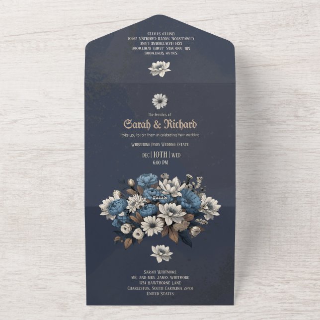 Elegant Navy Blue Floral Custom Photo Wedding All In One Invitation (Outside)
