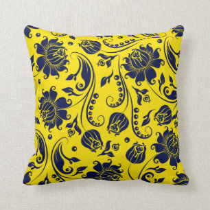 Elegant Navy Blue Floral Damasks On Bright Yellow Cushion