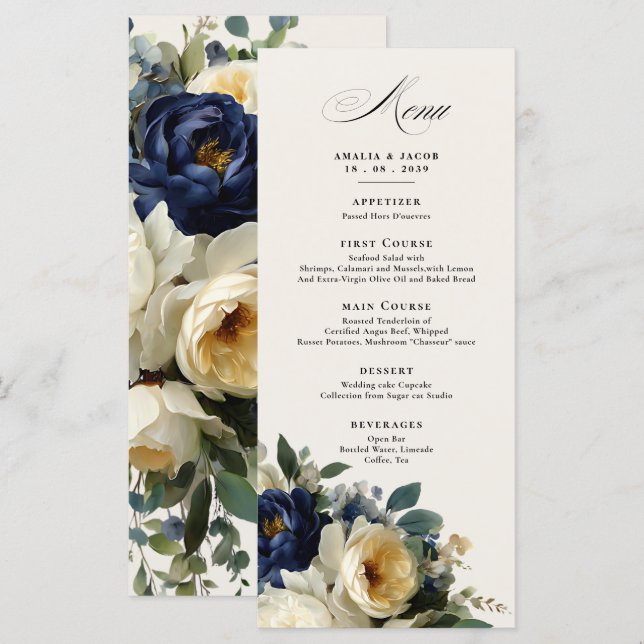 Elegant Navy Blue Floral Details Menu Wedding (Front/Back)