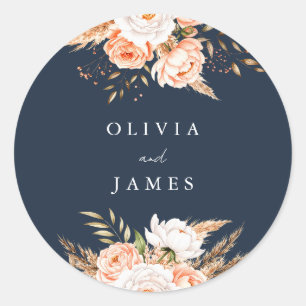 Elegant Navy Blue Floral Fall Wedding Welcome Classic Round Sticker