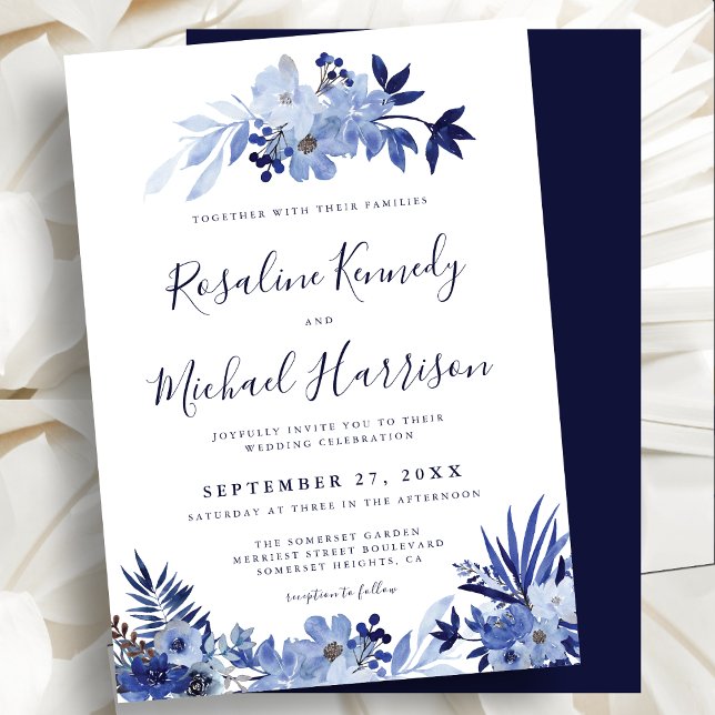 Elegant Navy Blue Floral Foliage Modern Wedding In Invitation (Creator Uploaded)
