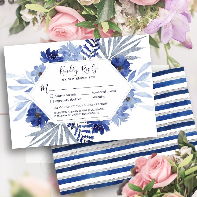 Elegant Navy Blue Floral Foliage Modern Wedding RSVP Card (Creator Uploaded)