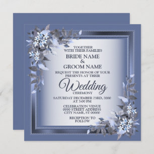 Elegant Navy Blue Floral Framed Silver Wedding Invitation