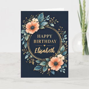 Elegant Navy Blue Floral Gold Birthday Personalise Card