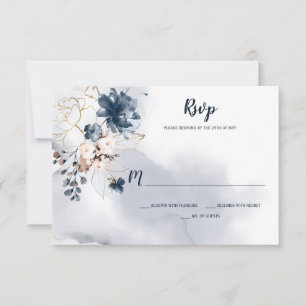 Elegant Navy Blue Floral Gold Sketched Roses   RSVP Card