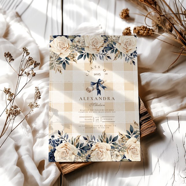 Elegant Navy Blue Floral Graduation  Invitation (Creator Uploaded)