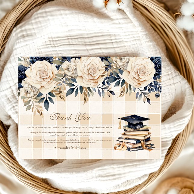 Elegant Navy Blue Floral Graduation  Thank You Card (Creator Uploaded)