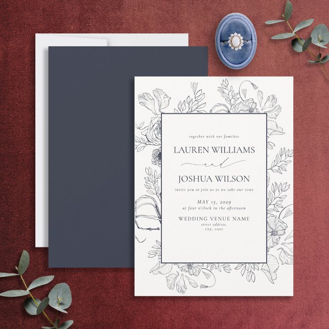 Elegant Navy Blue Floral Line Art Wedding  Invitation (Creator Uploaded)