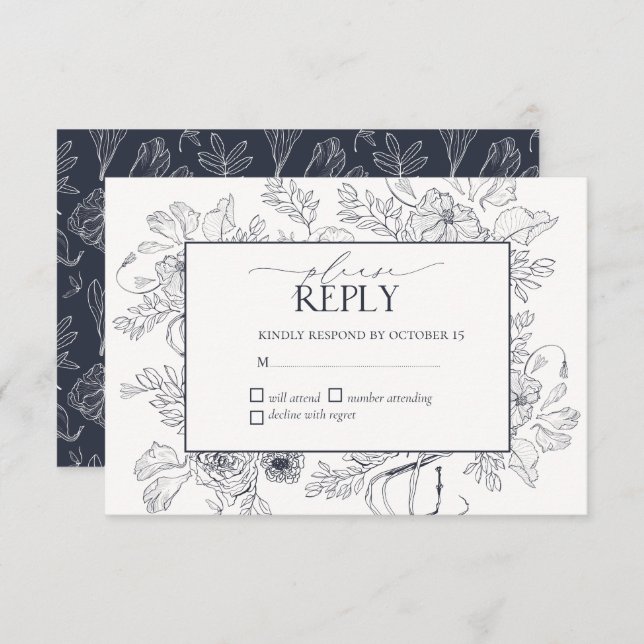Elegant Navy Blue Floral Line Art Wedding RSVP Card (Front/Back)