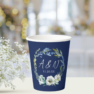 Elegant Navy Blue Floral Monogram Wedding Paper Cups