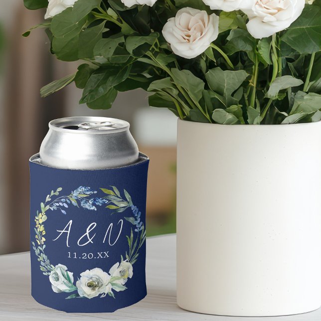 Elegant Navy Blue Floral Monogram Winter Wedding Can Cooler (Creator Uploaded)