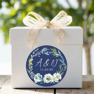 Elegant Navy Blue Floral Monogram Winter Wedding Classic Round Sticker