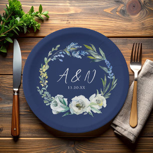 Elegant Navy Blue Floral Monogram Winter Wedding Paper Plate
