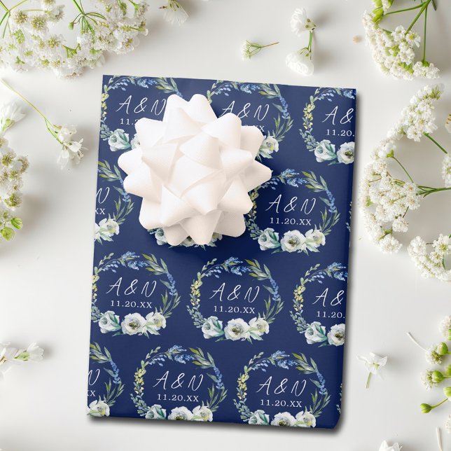 Elegant Navy Blue Floral Monogram Winter Wedding Wrapping Paper Sheet (Creator Uploaded)