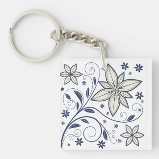 Elegant Navy Blue Floral Pattern | Key Ring